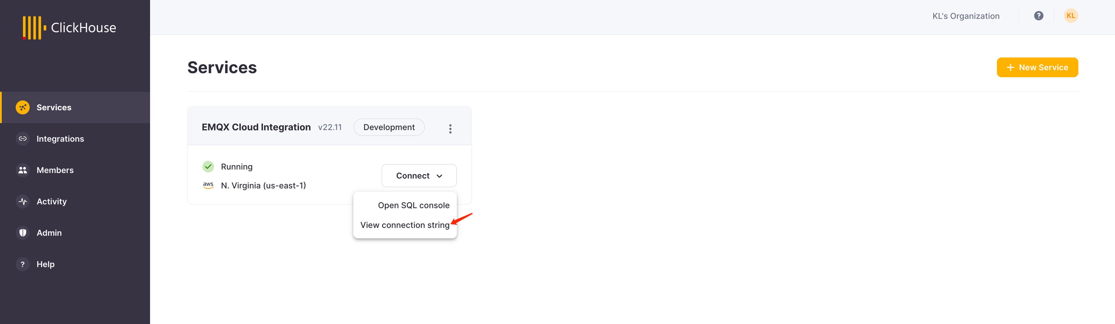 Панель запущенного экземпляра ClickHouse Cloud с параметрами подключения