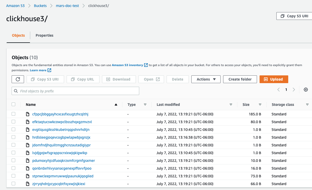 S3 bucket view in AWS console showing ClickHouse data files stored in S3